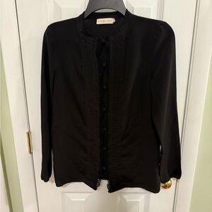 Tory Burch Black Ruched Button Down Blouse 100% Silk Sheer Size 2 Long Sleeve